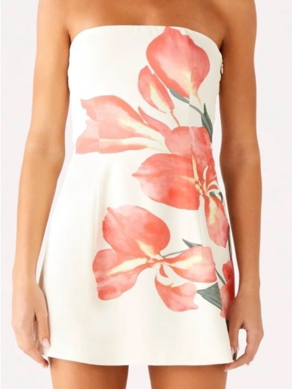 Peppermayo Strapless White Floral Mini Dress with Coral Bloom